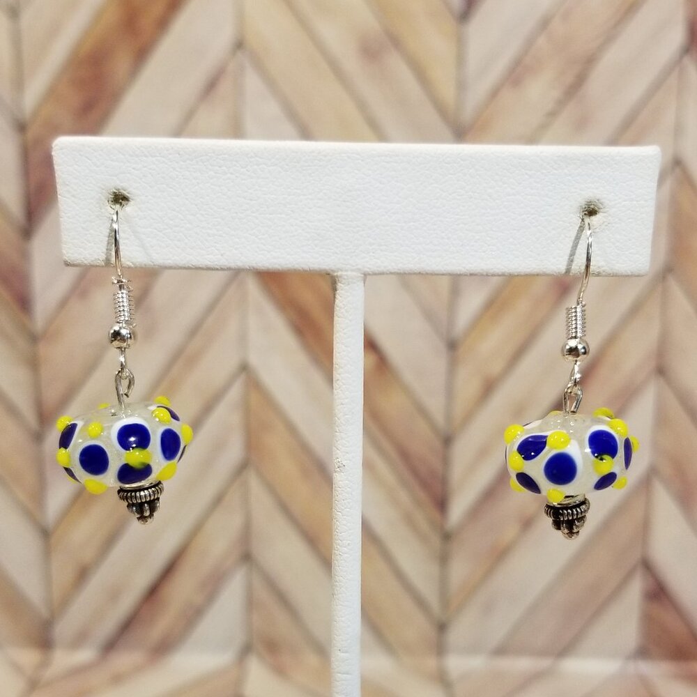 Yellow, White, Blue, and Clear Glass Bead Earrings